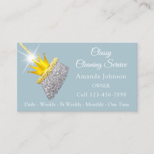 Classy Cleaning Service Maid Blue Broom Crown  Business Card