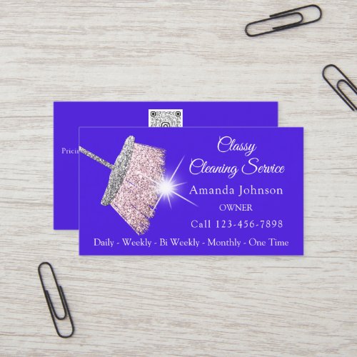 Classy Cleaning Service Maid Blue Silver QR CODE  Business Card