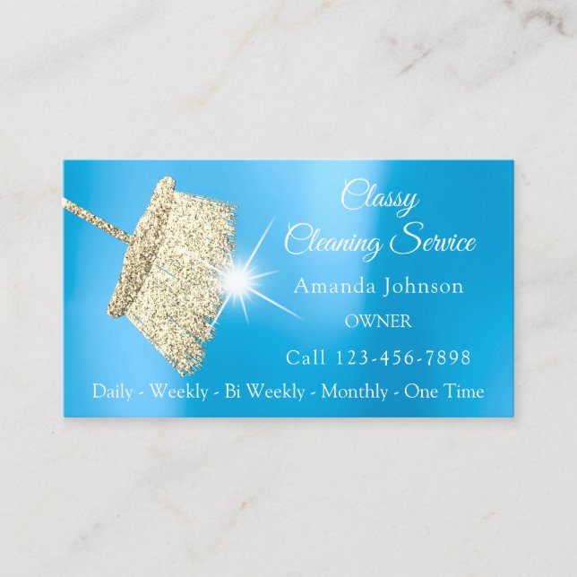 Classy Cleaning Service Maid Gold Blue Ocean Business Card (Front)
