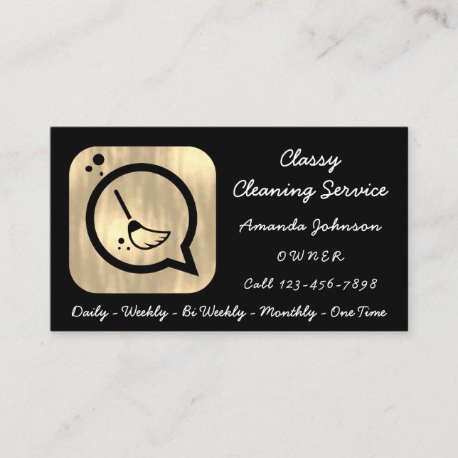 Classy Cleaning Service Maid Gold Groom Logo Black Business Card (Front)