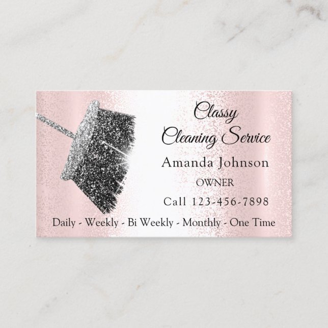 Classy Cleaning Service Maid Gray Silver Rose Pink Business Card (Front)