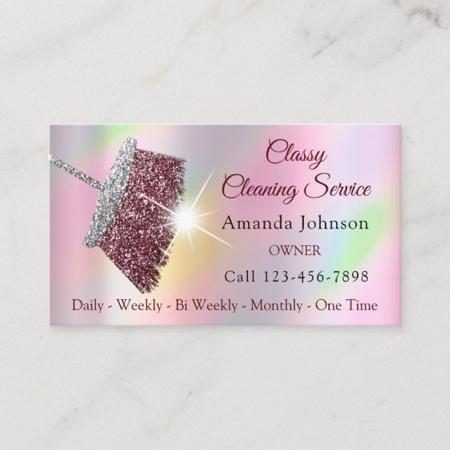 Classy Cleaning Service Maid Holograph Pink Business Card (Front)