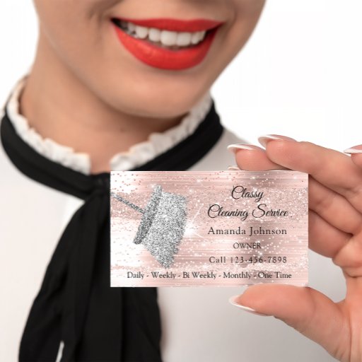 Customizable Classy Cleaning Service Maid House Silver Rose Business Card