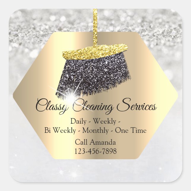 Classy Cleaning Service Maid Housekeeper Gray Gold Square Sticker (Front)