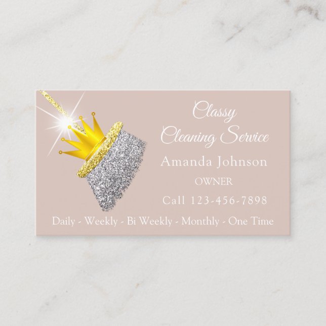 Classy Cleaning Service Maid Ivory Broom Crown Business Card (Front)