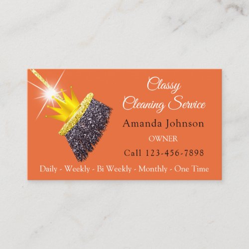 Classy Cleaning Service Maid Orange Gold Crown   Business Card