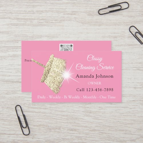 Classy Cleaning Service Maid Pink Gold QRCODE  Business Card
