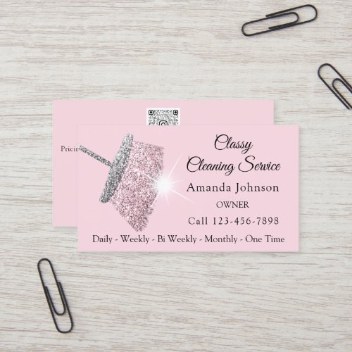 Classy Cleaning Service Maid Pink Silver QR CODE  Business Card