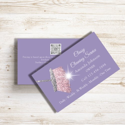 Classy Cleaning Service Maid Purple Silver QRCODE  Business Card
