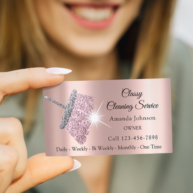 Classy Cleaning Service Maid Rose Glitter Gray Business Card (Classy Cleaning Service Maid Rose Glitter Gray Business Card)