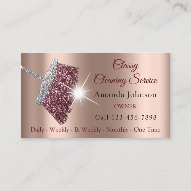 Classy Cleaning Service Maid Rose Silver Maroon Business Card (Front)