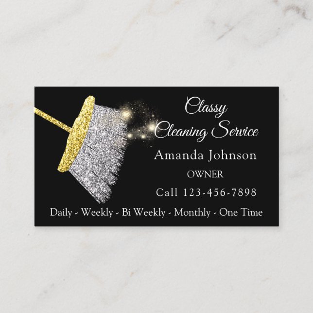 Classy Cleaning Service Maid Silver Gold Black Business Card (Front)