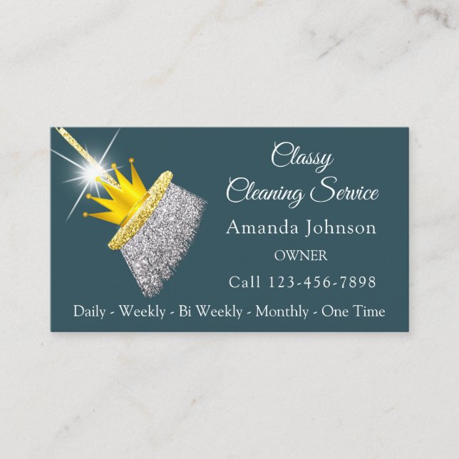 Classy Cleaning Service Maid Teal Gold Crown  Busi Business Card (Front)