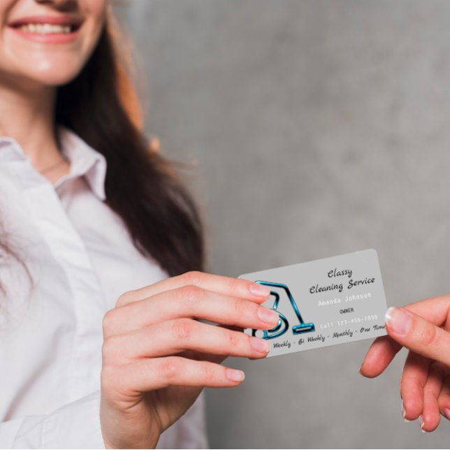Classy Cleaning Service Maid Vacuum Cleaner Gray Business Card (Classy & clean – Your premium service mirrored in a FlorenceK card. #CleanWithClass)