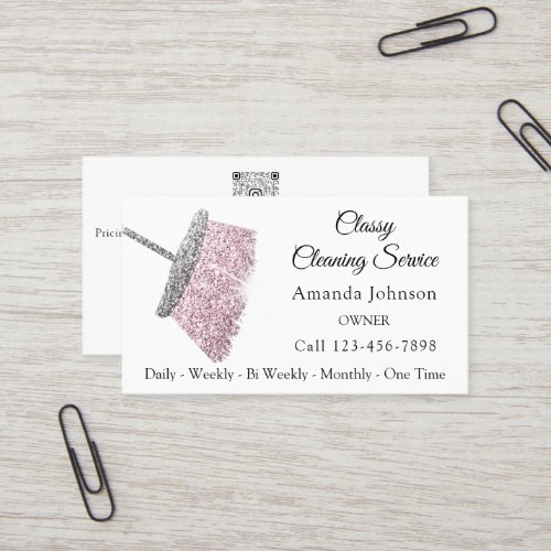 Classy Cleaning Service Maid White Silver QR CODE  Business Card