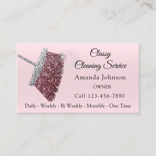 Classy Cleaning Service Residential Silver Pink Business Card (Front)