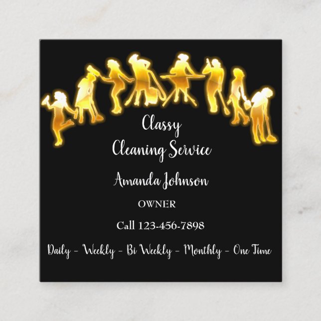Classy Cleaning Services Gold Logo Maid Black Lux Square Business Card (Front)