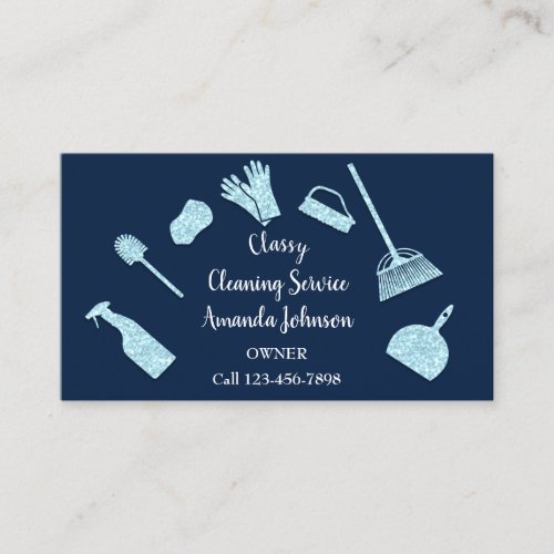 Classy Cleaning Services Gold Logo Maid Glam Blue Business Card