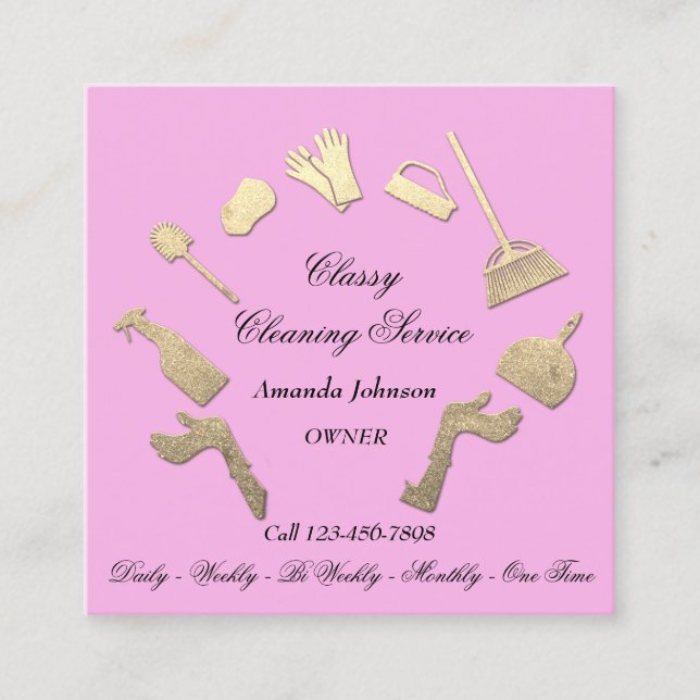 Classy Cleaning Services Gold Logo Maid House Pink Square Business Card (Front)