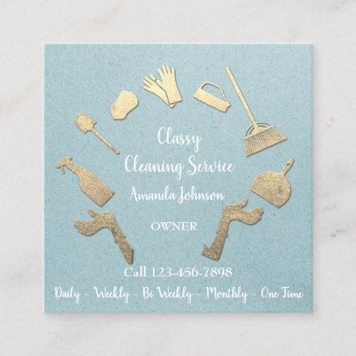 Classy Cleaning Services Gold Logo Maid Kraft Blue Square Business Card