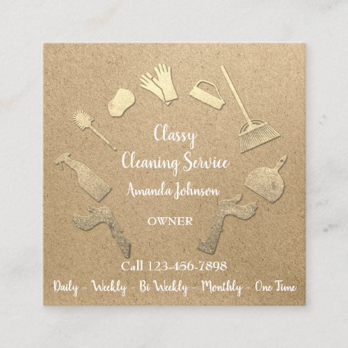 Classy Cleaning Services Gold Logo Maid Kraft Eco Square Business Card