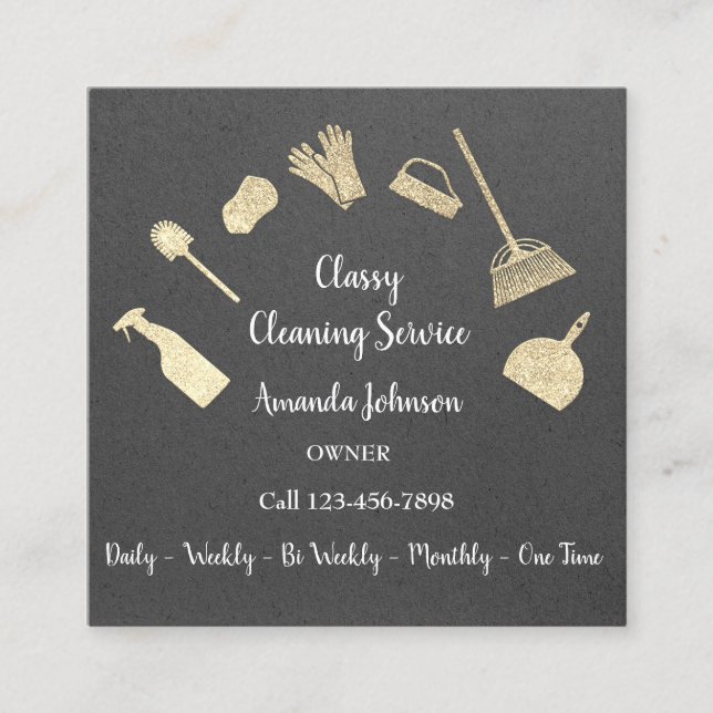 Classy Cleaning Services Gold Logo Maid Kraft Gray Square Business Card (Front)