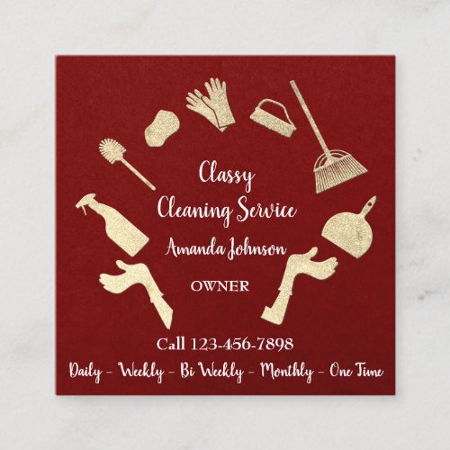 Classy Cleaning Services Gold Logo Maid Kraft Red Square Business Card