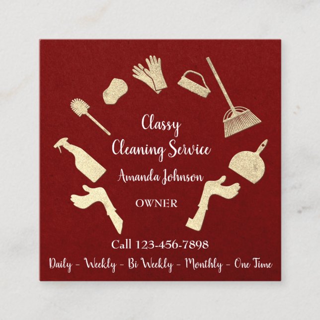 Classy Cleaning Services Gold Logo Maid Kraft Red Square Business Card (Front)