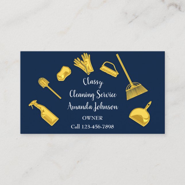 Classy Cleaning Services Gold Logo Maid Navy Blue Business Card (Front)