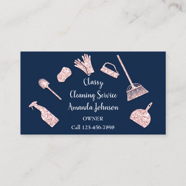 Classy Cleaning Services Gold Logo Maid Pink Blue Business Card (Front)