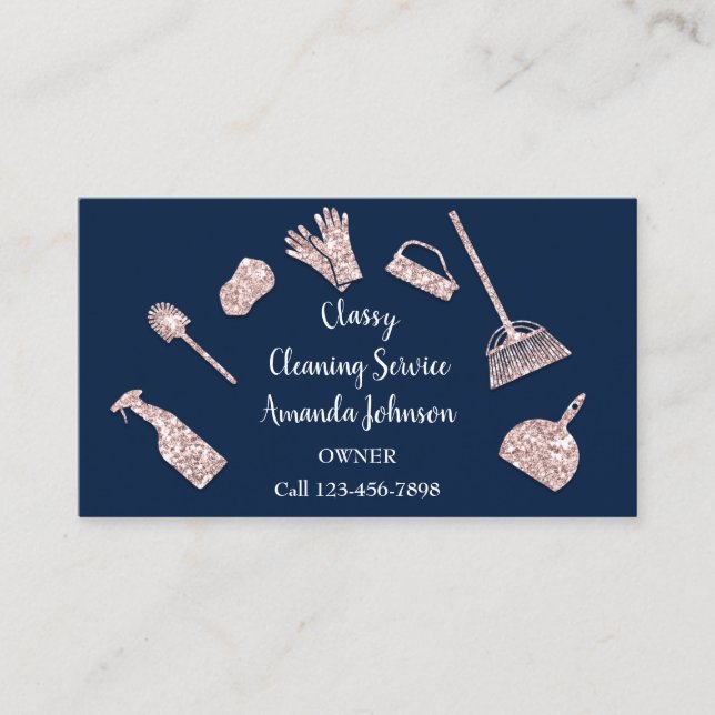 Classy Cleaning Services Gold Logo Maid Pink Blue Business Card (Front)