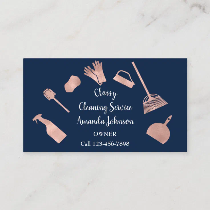 Classy Cleaning Services Gold Logo Maid Rose Blue Business Card | Zazzle