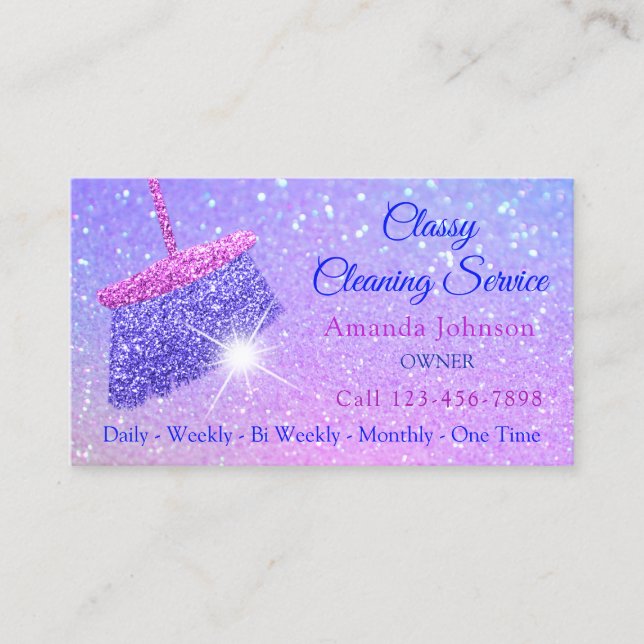 Classy Cleaning Services Holograph Blue Glitter Business Card (Front)
