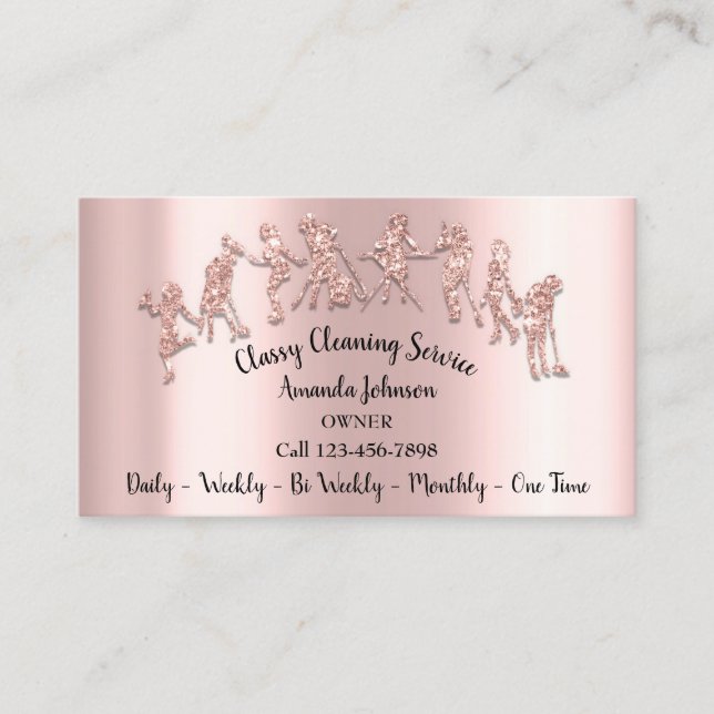 Classy Cleaning Services Logo Maid Rose Glitter Business Card (Front)