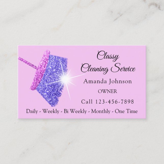 Classy Cleaning Services Pink Purple Glitter Maid Business Card (Front)