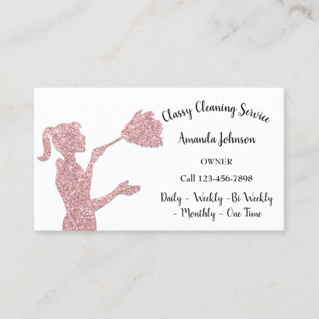 Classy Cleaning Services Rose Logo Maid Glitter Business Card (Front)