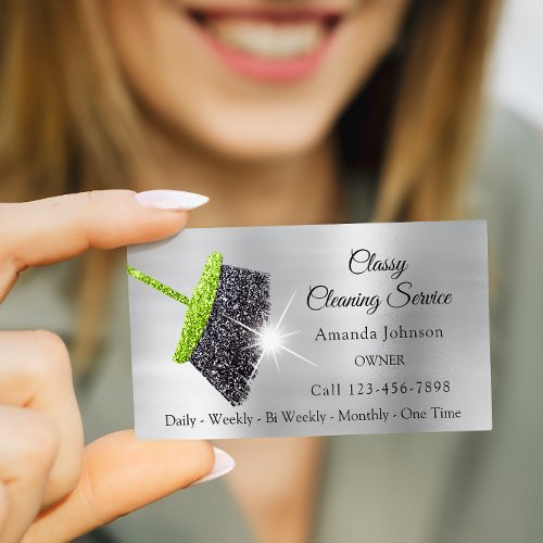 Classy Cleaning Services Silver Mint Glitter Gray Business Card