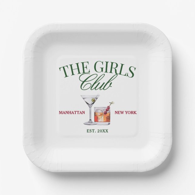 Classy Cocktails Green & Red Girl's Club Paper Plates (Front)
