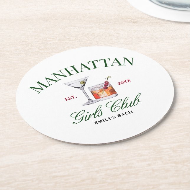 Classy Cocktails Green & Red Girl's Club Round Paper Coaster (Angled)