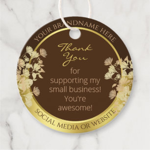 Classy Coffee Brown and Gold Glam Floral Packaging Favor Tags