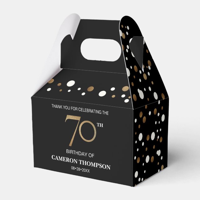 Classy Confetti Gold Black 70th birthday  Favor Boxes (Back Side)