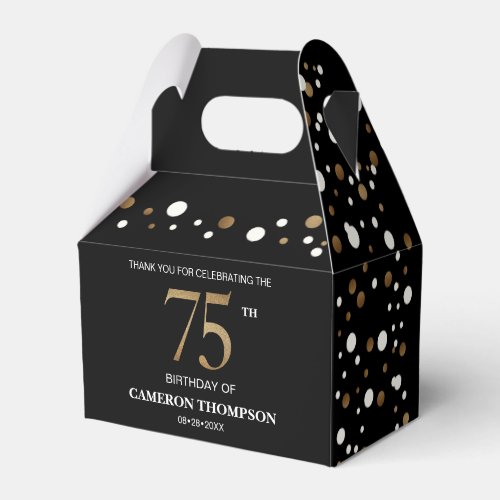Classy Confetti Gold Black 75th birthday Favor Boxes