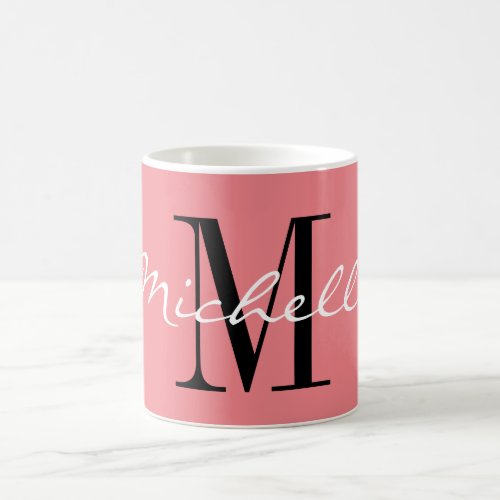 Classy coral pink and white custom name monogram coffee mug