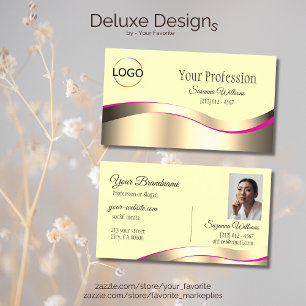 Classy Cream Wavy Gold Decor with Logo and Photo Business Card