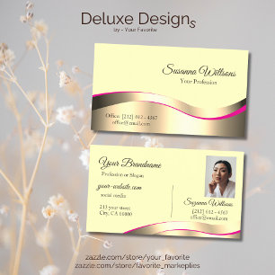 Classy Cream Wavy Gold Decor with Photo Luxurious Business Card