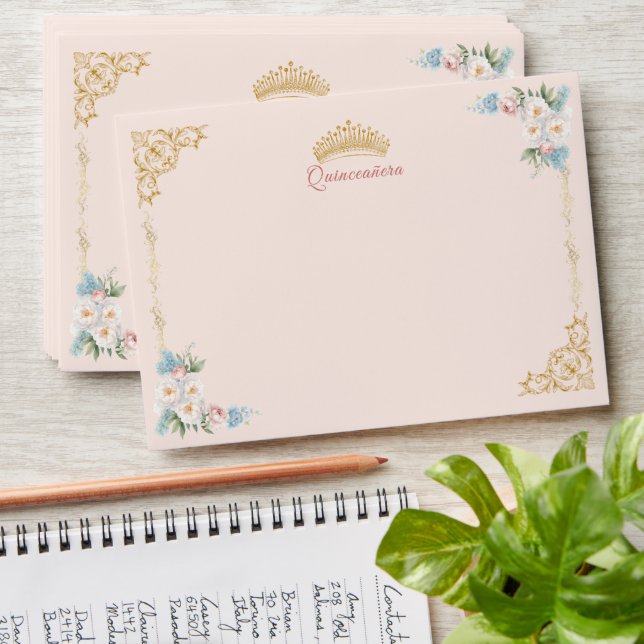 Classy Crown Pink Blue Floral Quinceanera Envelope (Stacked)