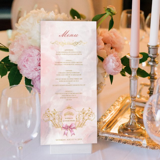 Classy Crown Pink Bow Quinceanera Custom Menu Card (Classy Crown Pink Bow Quinceanera Custom Menu Card)