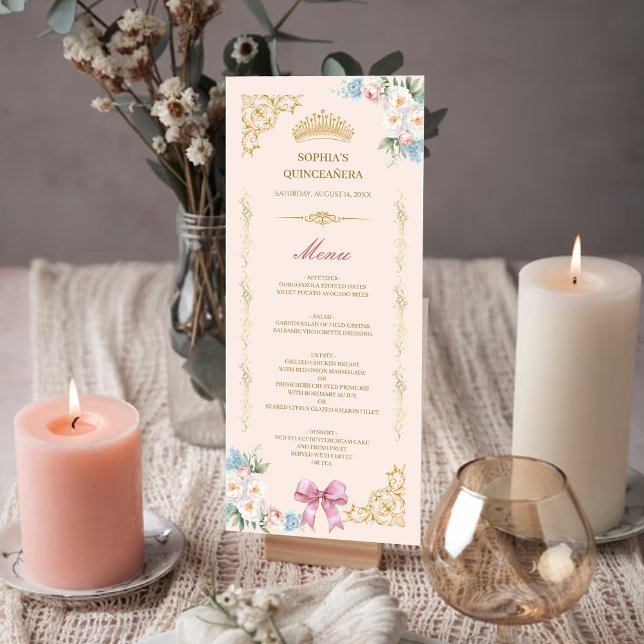 Classy Crown Pink Bow Quinceanera Custom Menu Card (Classy Crown Pink Bow Quinceanera Custom Menu Card)