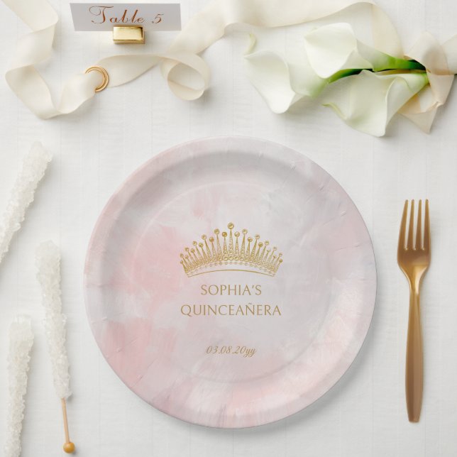 Classy Crown Pink Quinceanera Custom Paper Plates (Wedding)