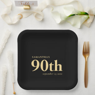 Classy Custom Gold Black Text 90th Name Date Paper Plates